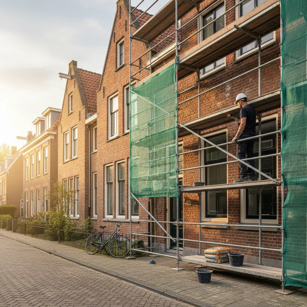 Kosten gevelrenovatie - vakman werkt aan gevel met steiger