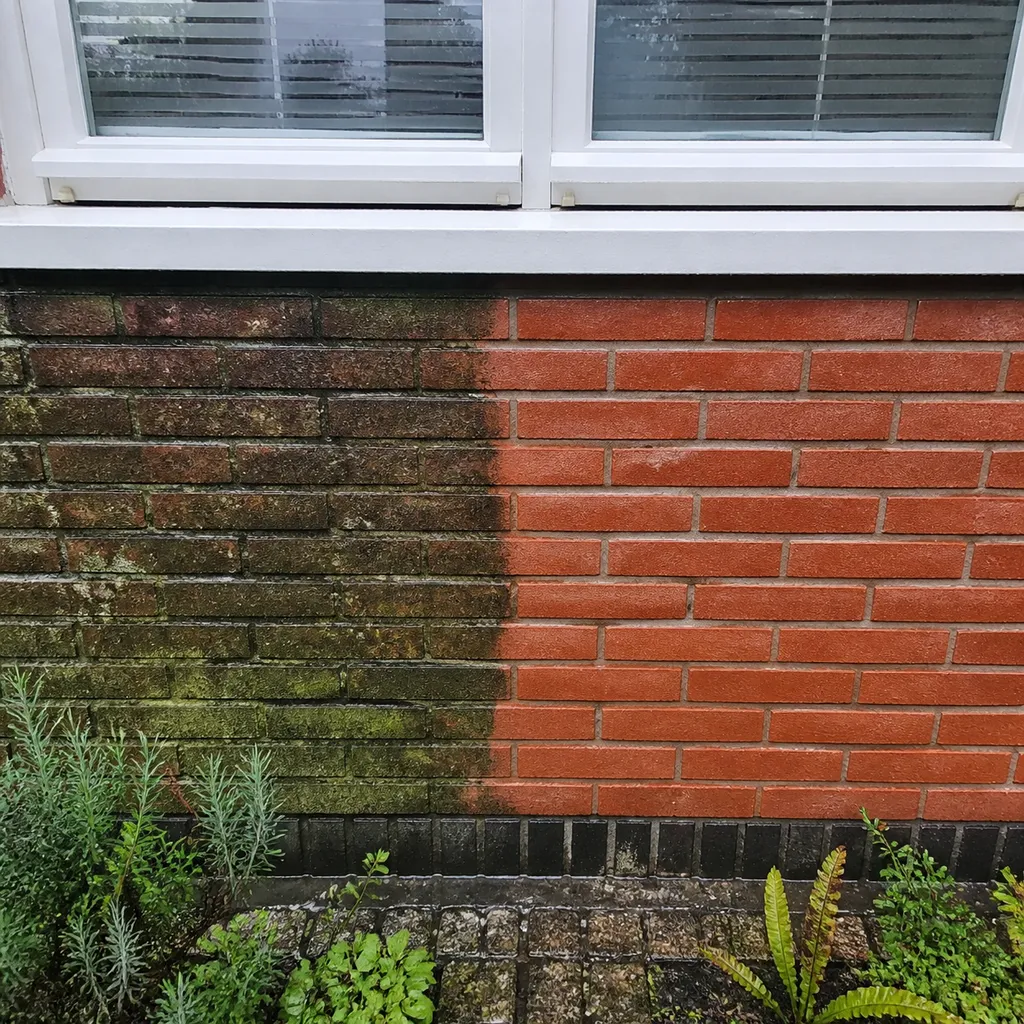 Dutch facade cleaning before and after - dramatic contrast between moss-covered and clean restored bricks