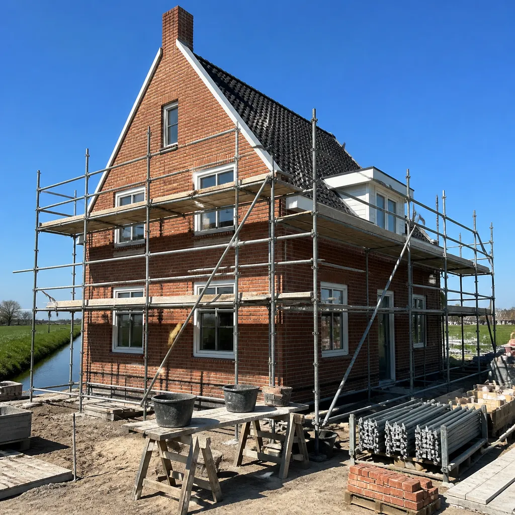 Traditional Dutch house under construction with fresh brickwork and professional mortar joints - nieuwbouw voegwerk
