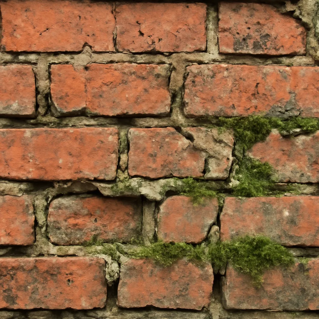 Slecht voegwerk met scheuren, uitgesleten voegen en mosgroei aan een bakstenen gevel